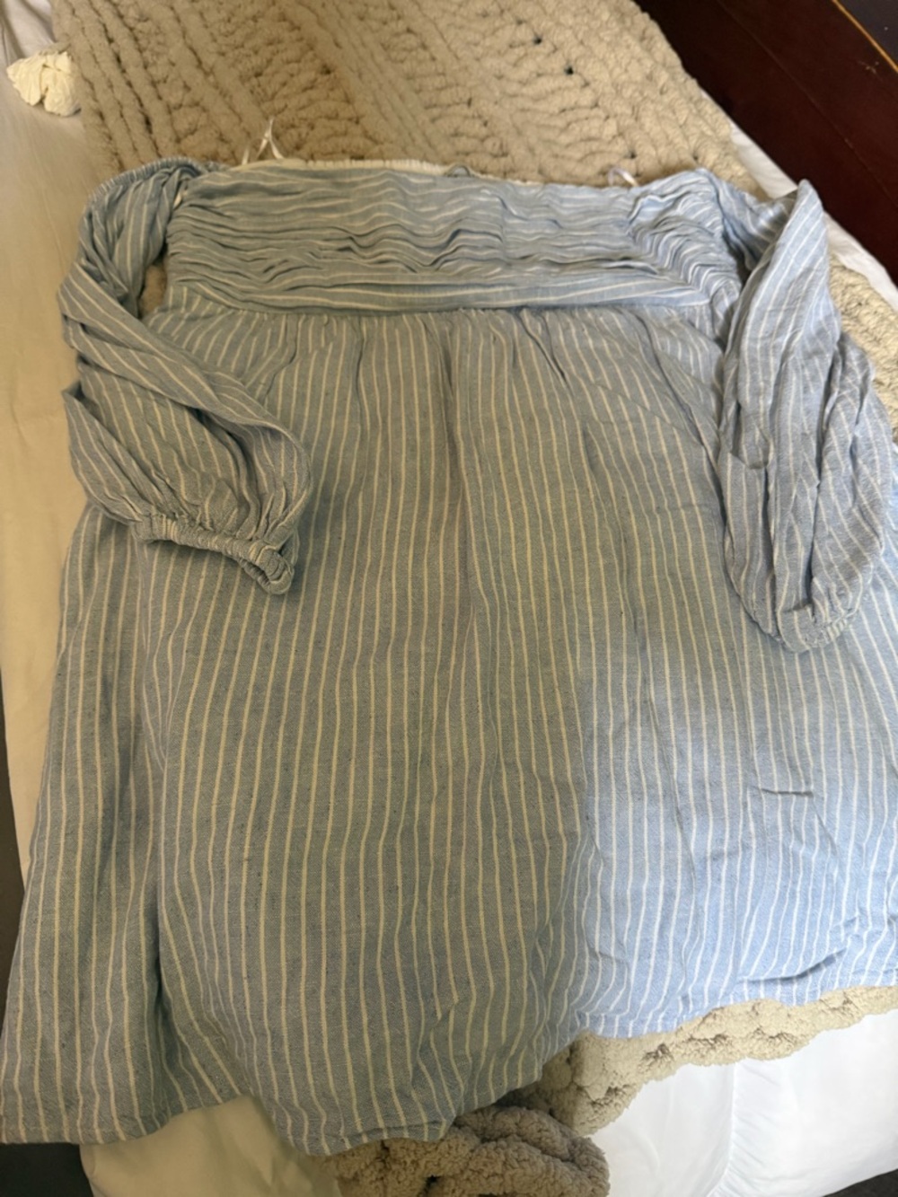 Abercrombie & Fitch Light Blue and White Striped Off-Shoulder Dress